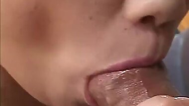 Horny Japanese cougar in silk sucks a big dick for juice